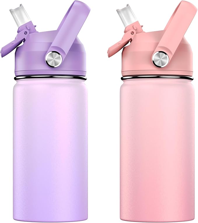 14oz Kids Insulated Water Bottle with Straw Lid - 18/8 Stainless Steel Kid Cup Travel Tumbler Double Wall Vacuum Leak Proof Portable Toddler Water Bottle (Pink+Purple） - Bloomnest