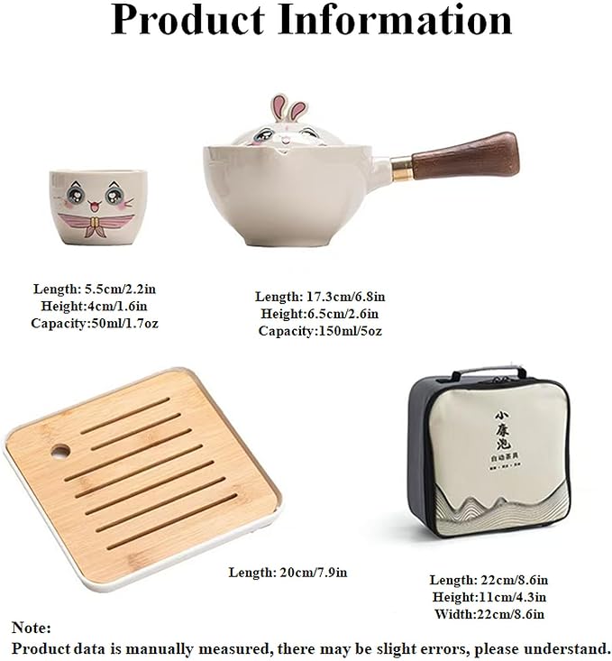 Ceramic Portable Travel Tea Set, Chinese Kungfu Tea Set with 360 Rotation Teapot and Infuser, 4 Tea Cups, Tea Tray And Travel Bag (Lovely Rabbit)