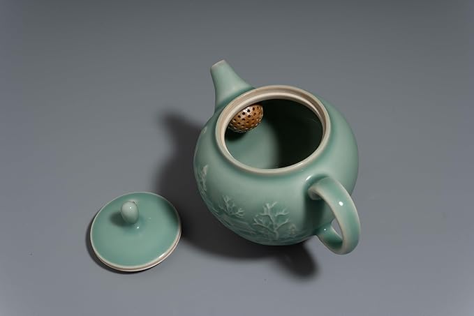 Handcrafted Longquan Celadon Teapot 240ml - Chinese Ceramic Kung Fu Teapot with Jade Glaze Landscape Art, Ideal for Oolong & Pu'er Tea