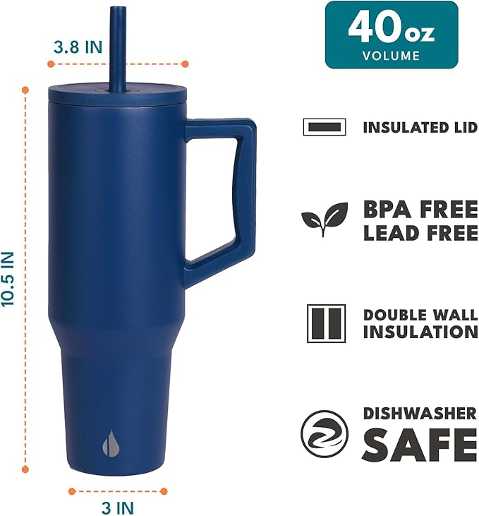 Elemental 40 oz Tumbler with Handle and Straw - Spill Proof Insulated Stainless Steel Commuter for Hot and Cold Beverages - Travel Coffee Mug with 2 Straws & Spill Proof Lid - 40oz - Navy Blue - Bloomnest