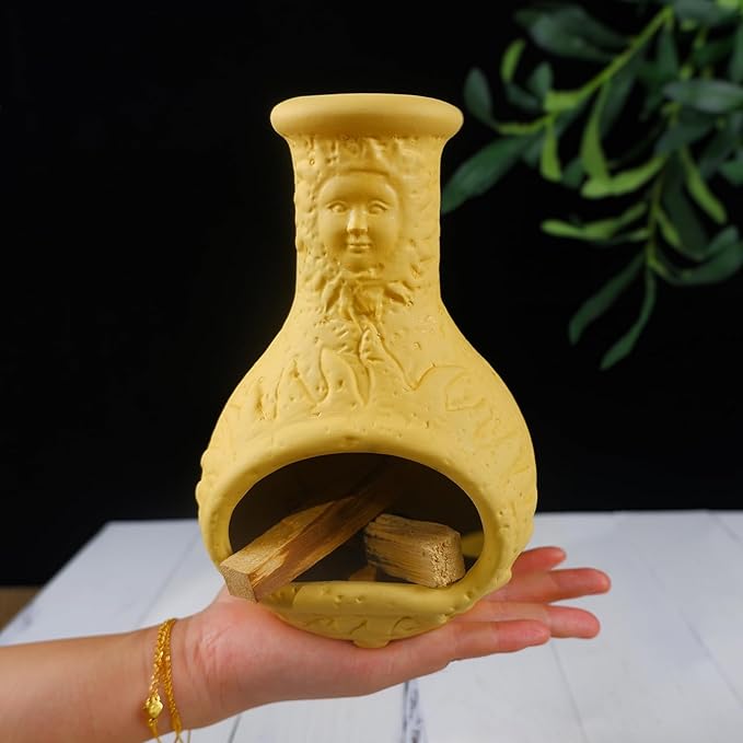 Palo Santo Burner Holder,Yellow Mini Chiminea with Chimney Handmade Smudge Bowl fits sage, Incense Cones, Sticks, Small Candle; with ash Collection. Great for Zen Meditation, Altar Fireplace - Bloomnest