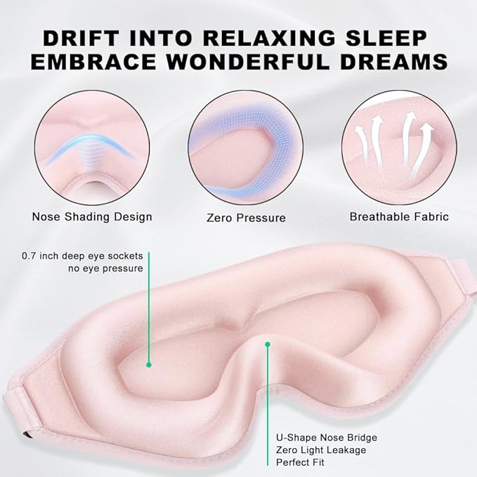 3D Contoured Sleep Eye mask Side Sleeper Men Women Zero Eye Pressure high Density Memory Foam Soft Breathable Light Blocking Night Blindfold Travel Yoga Napping Pink - Bloomnest
