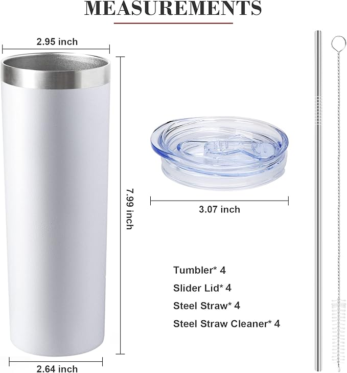 20 oz Skinny Tumblers with Lid and Straw,Stainless Steel Vacuum Insulated Tumbler Cup Double Wall Travel Coffee Mug, Thermal Water Tumbler for Hot and Cold Drinks(White,4) - Bloomnest