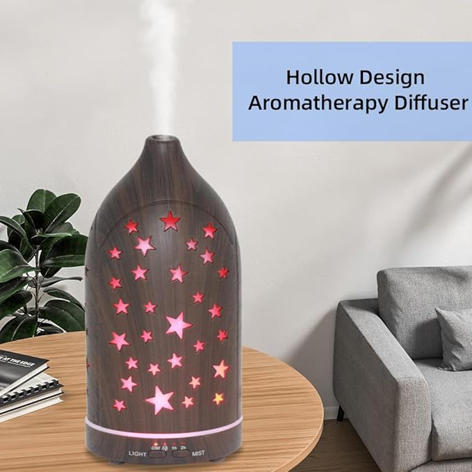 Aromatherapy Diffusers,7.1''x3.5''Diffuser with 3 Essential Oil Set,Small 200ml Office Desk Humidifier with 7 LED Colors Night Lights,Waterless Auto-Off for Home Decor Gift (Star Dark Wood Grain) - Bloomnest