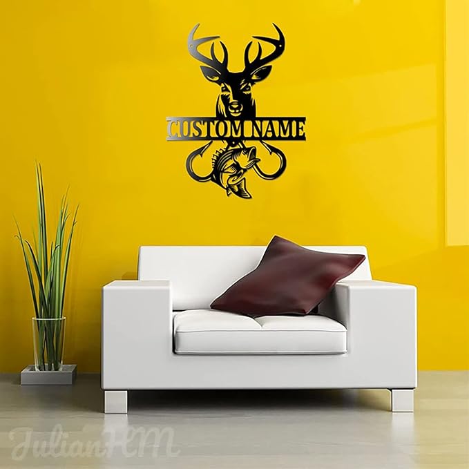 Lovely POD Personalized Hunting Metal sign, Hunting Art, Custom Deer Fish Hook Monogram Metal Wall Decor With Led Lights, Personalized Deer Hunting Wall Art Decoration, Hunting Name Sign Decoration - Bloomnest