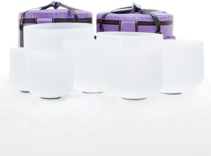 Leize 6-12 inch Chakra Tuned 432hz Set of 7 Flawless Quartz Crystal Singing Bowls with Heavy Duty Carrying Cases and Singing Bowl Mallet Suede Strikers