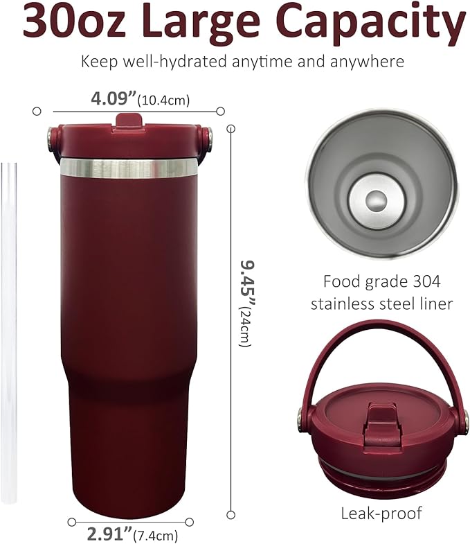 30 oz Tumbler with Handle, Double Wall Vacuum Insulated Tumblers with Flip Straw, Coffee Mug 30oz Powder Coated Cup for Hot and Cold Drinks(Red,1 pack)