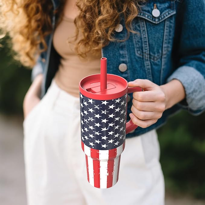TILUCK 40 oz Tumbler with Handle, Vacuum Insulated Stainless Steel Travel Mug with 100% Leak-Proof Silicone Straw Lid, Cupholder Friendly Water Bottle(RedFlag, 40oz)