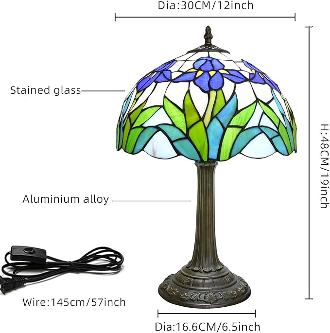 Tiffany Lamp Rural Style Green Blue Iris Flower Stained Glass Lamps Reading Bedside Bedroom Table Lamp Living Room end Kitchen Hotel Bar Home Small Space Decor Metal Base 12X19 Inche LED Vintage Lamp - Bloomnest