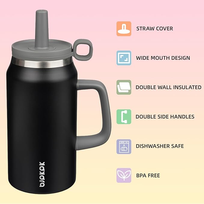 BJPKPK 50oz Insulated Tumbler with Handle Stainless Steel Travel Coffee Mug with Lid Reusable Large Water Bottle with Straw,Black - Bloomnest