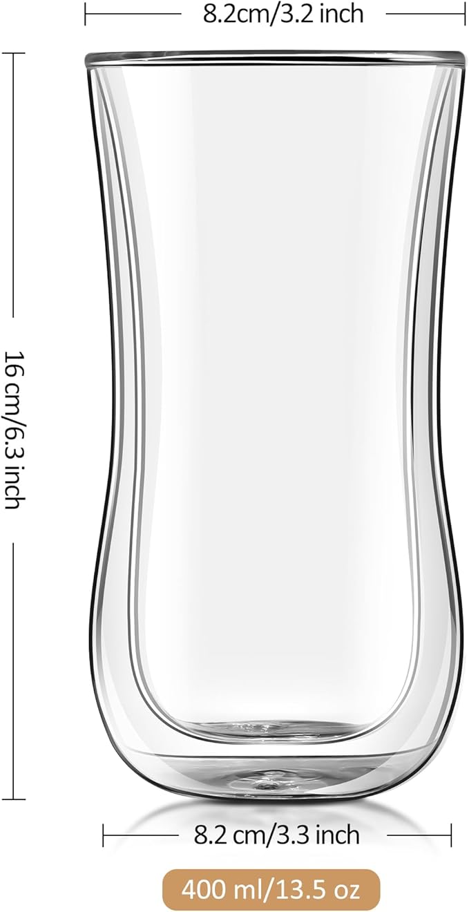 Joeyan Glass Double Walled Beer Drinking Glasses Tumbler, Double Layer Tall Borosilicate Insulated Water Cocktail Glass Cups, Double Lined Thermo Tea Coffee Hot Beverage Glassware 12 oz, Set of 2 - Bloomnest