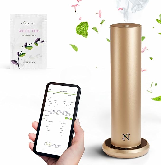Dynamo Hotel Scent Diffuser – Cold-Air Essential Oil Diffuser for Home & Large Rooms up to 1000 sq ft, App & Manual Control, Hypoallergenic, Includes White Tea Fragrance Sample – Gold - Bloomnest