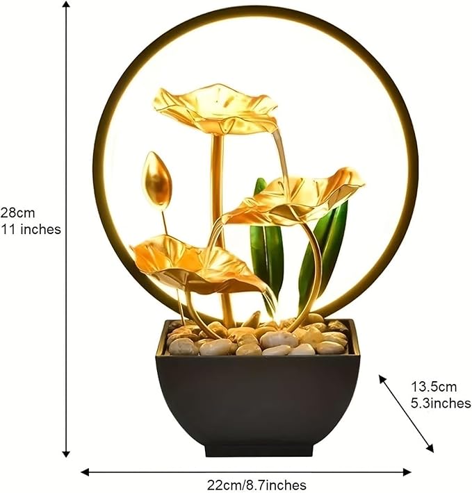 Tabletop Water Fountain with Led Light, Gold Lotus Waterfall Fountain Indoor 11 in USB Powered Flower Waterfall Zen Table Fountains with 1 Replacement Water Pump - Bloomnest