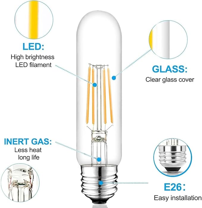 5 Inch Edison Bulb, 5000K Daylight White E26 Led Bulb 6W Dimmable, 800LM T10 T9 Clear Glass Tubular Light Bulbs, AC 120V Equal 80 Watt Bulbs for Chandelier Pendant Wall Light - 4Pack - Bloomnest