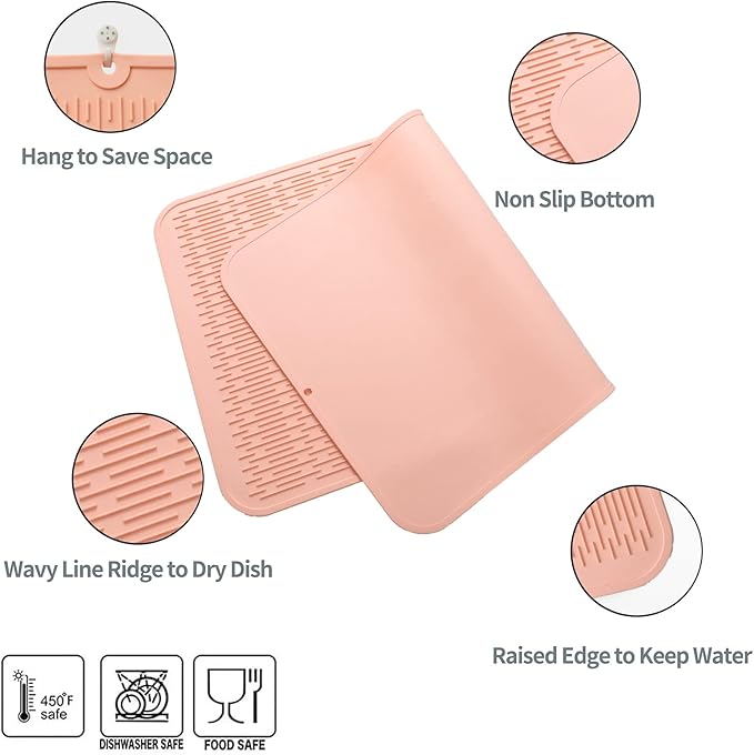 Silicone Dish Drying Mat for Multiple Usage,Easy clean,Eco-friendly,Heat-resistant Silicone Mat for Kitchen Counter or Sink,Refrigerator or Drawer Liner Pink 4XL 32 inches x 18 inches - Bloomnest