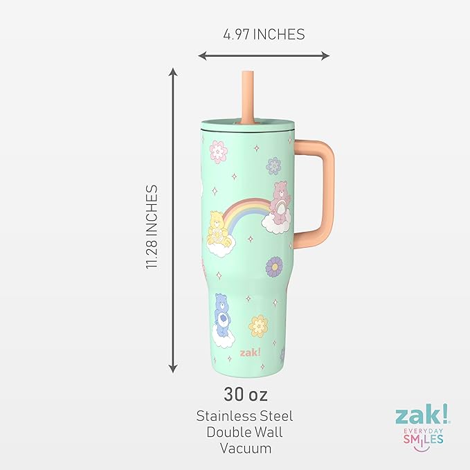 Zak Designs Care Bears Sutton Travel Tumbler for On the Go, 30oz Stainless Steel with Vacuum Insulation, Silicone Straw, and Carry Handle for Cold Drinks (Care Bears) - Bloomnest
