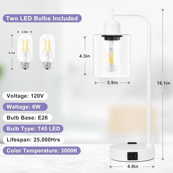 Innqoo Industrial White Table Lamps for Bedrooms Set of 2-3-Way Dimmable Desk Lamp with USB C+A Ports and Outlet, White Lamps with Clear Glass Shade for Living Room - Bloomnest