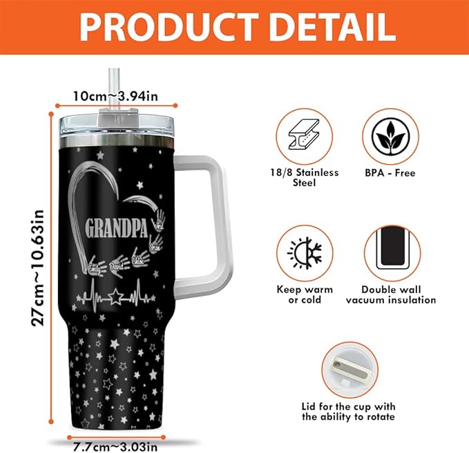 Personalized Grandpa Tumbler – Custom Name Gift With Heart, Stars & Handprints – Grandkids Signature Design – Father’s Day, Birthday, or Christmas - Bloomnest