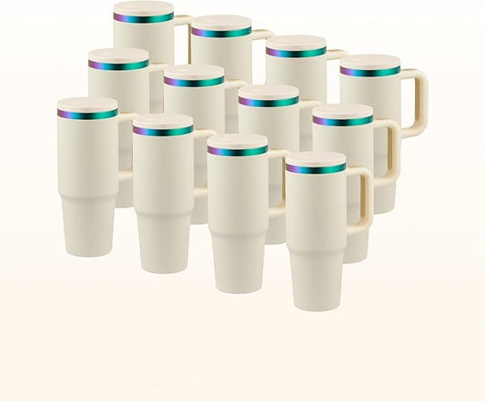 OMTech 30 oz. Tumblers with Handle & Lid, 12 Pack Tumbler Bulk with Double Wall Vacuum Insulation, Food-Grade Stainless Steel Insulated Coffee Mug, Sweatproof Travel Mug for Hot Cold Drinks, Cream - Bloomnest