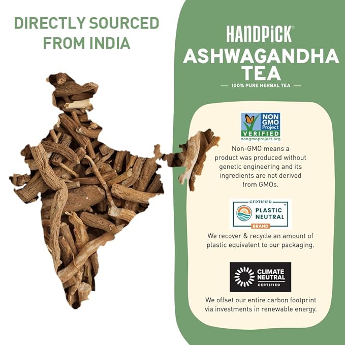 HANDPICK, Ashwagandha Root Tea (100 tea Bags) - Herbal Supplement - For Health & Wellbeing | Caffeine Free, Gluten Free | Packed in Ecofriendly Tea Bags - Bloomnest