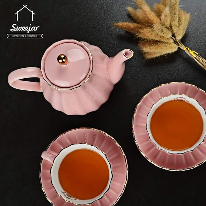 Sweejar Royal Teapot, Ceramic Tea Pot with Removable Stainless Steel Infuser, Blooming & Loose Leaf Teapot - 28 Ounce(Pink) - Bloomnest