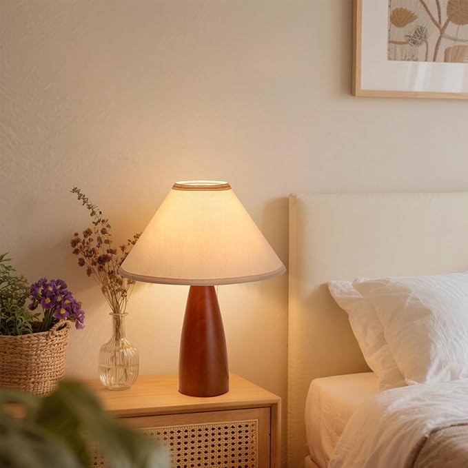 Bedside Table Lamp for Bedroom, Mid-Century Modern Plug in Fabric Shade & Solid Wood Base Desk Lamp, Plug & Play Warm Brown Nightstand Lamp for Living Room, Office, Switch Power Cord 【Bulb Included】 - Bloomnest