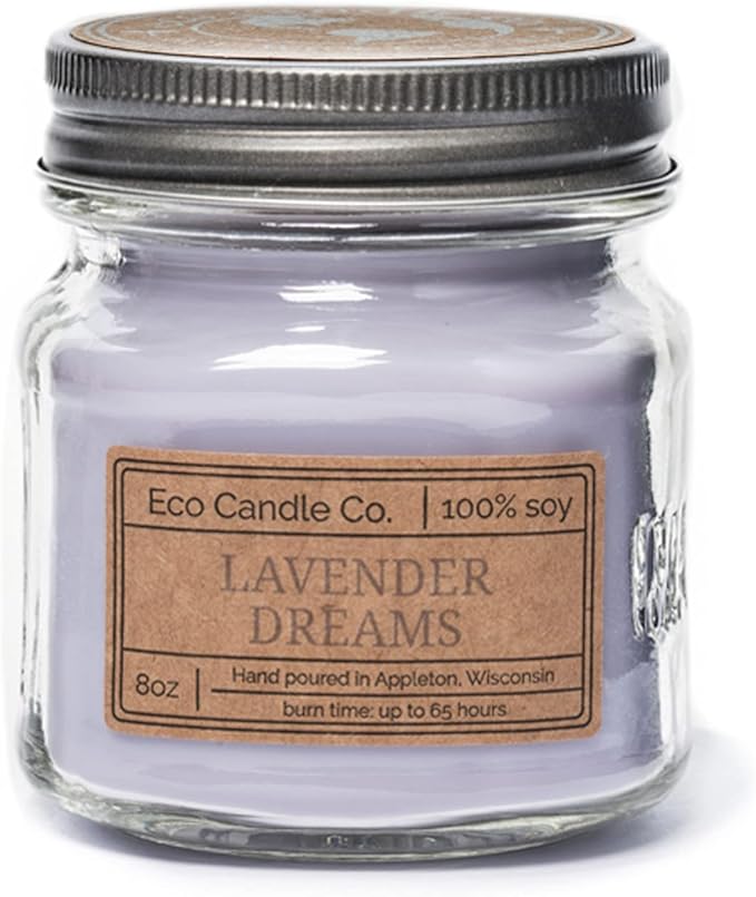 ECO CANDLE CO. Mason Jar Candle, Lavender Dreams, 8 oz. - Scents of Lavender, Lilac, Sage, & Mimosa - 100% Soy Wax, No Lead, Kraft Label & Antiqued Pewter Lid, Hand Poured, Midwest Grown Soybeans - Bloomnest