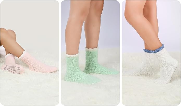 HUGSWEET 6 Pairs Thick Fuzzy Socks with Grip Cozy Non Slip Hospital Socks Home Fluffy Warm Slipper Socks Gifts for Women - Bloomnest