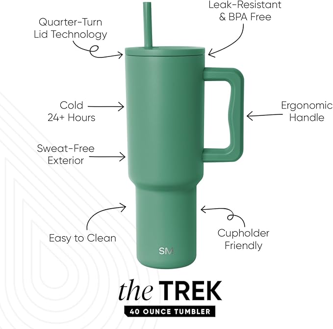 Simple Modern 40 oz Trek Tumbler with Handle and Straw Lid | Cup Holder Friendly Insulated Stainless Steel Travel Mug | Basil SimpleModern