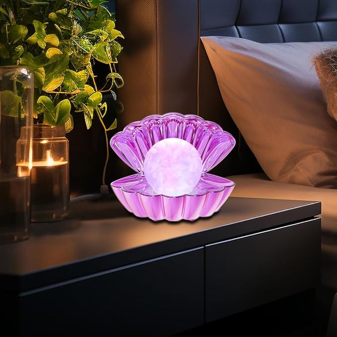 Shell Pearl Beach Themed Night Light, RGB 8 Colors Changing Mood Shell Pearl Lamps, Bedside LED Clamshell Portable Night Lights for Bar (Electroplating Purple) - Bloomnest