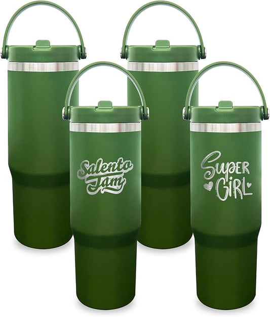 30 oz Tumbler with Handle, Double Wall Vacuum Insulated Tumblers with Flip Straw, Coffee Mug 30oz Powder Coated Cup for Hot and Cold Drinks(Army Green,4 pack)