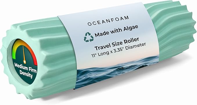 Oceanfoam Ripple Travel Foam Roller (11" x 3.35") Firm Mini Foam Roller for Physical Therapy, Deep Tissue Massage, Back Pain - High Density, Ergonomic Wave Textured - Yoga, Pilates, Exercise (Seafoam) - Bloomnest
