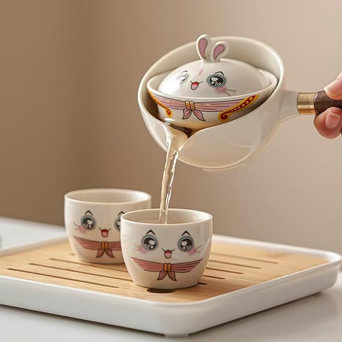 Ceramic Portable Travel Tea Set, Chinese Kungfu Tea Set with 360 Rotation Teapot and Infuser, 4 Tea Cups, Tea Tray And Travel Bag (Lovely Rabbit)