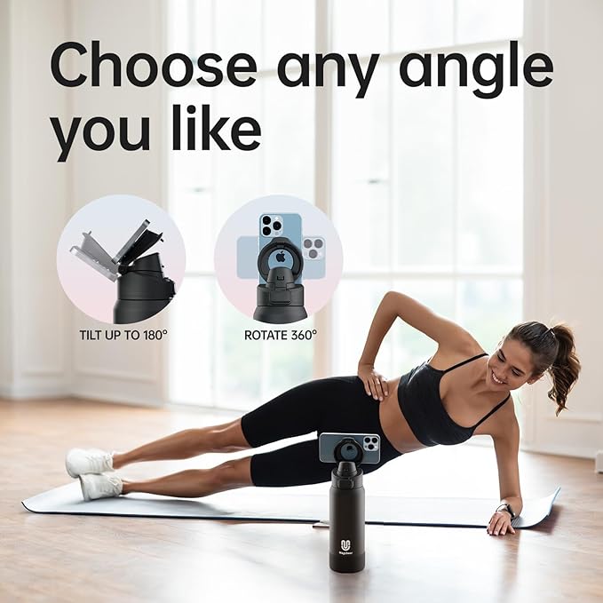 Insulated Magnetic Water Bottle - Reusable Stainless Steel Bottle with MagSafe Compatible Phone Holder - Keeps Cold for 24 Hours - Perfect for Gym, Sports, and Travel - Black 32oz Magcheer