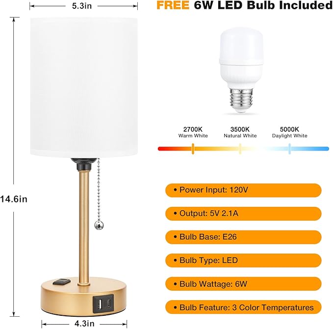 Dicoool Small Bedside Lamps 3 Color Modes - 3000K 4000K 5000K Bedroom Lamps with USB C and A Ports, Pull Chain Gold Table Lamps with AC Outlet, Nightstand Lamps with Gold Metal Base for Kids Reading - Bloomnest