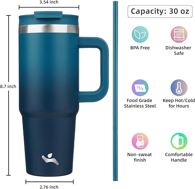 30 oz Tumbler with Handle and 2 Straws,2 in 1 Lid Insulated Water Bottle Stainless Steel Travel Coffee Mug,Indigo Black - Bloomnest