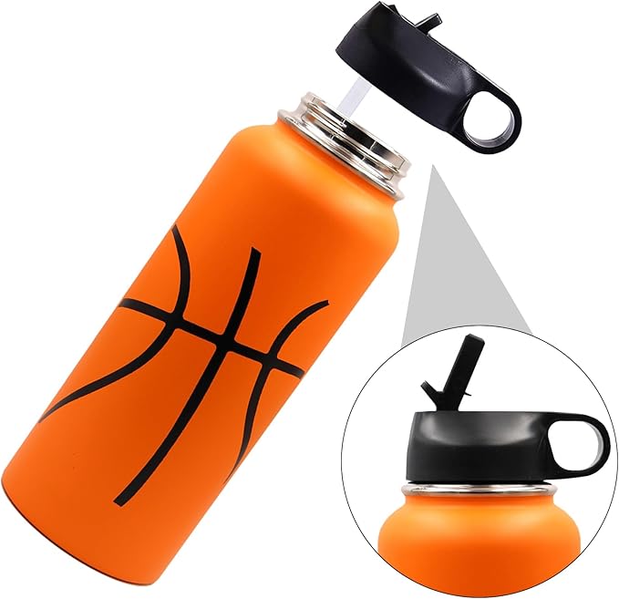 40 oz Basketball Water Bottle, Wide Mouth Sports Flask Metal Travel Tumbler with 2 Lids, Stainless Steel Double Wall Vacuum Insulated Thermo Water Jug, Basketball Accessories Gifts for Boys Girls - Bloomnest