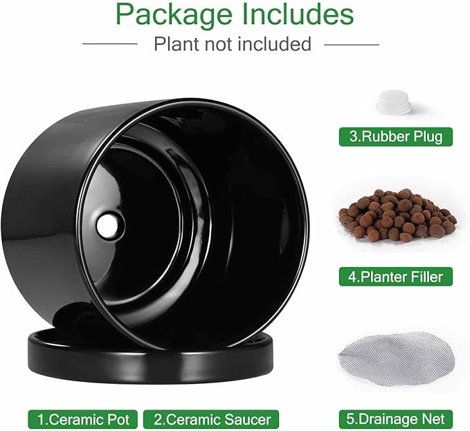 Aveyas 10 inch Ceramic Plant Pot with Drainage Hole and Saucer - Suitable for Indoor and Outdoor Use, Modern Planters for House Garden Flower Tree Snake Monstera Plants (10", Glossy Black) - Bloomnest