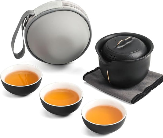 Travel Tea Set Ceramic Tea Pot Set Chinese Kung Fu Teapot Porcelain Gongfu Teacups Frosted Glazed Tea Cup, Portable Bag 1 Pot 3 Mini Cup All in One for Home Office Outdoor Picnic Camping Hotel, Black
