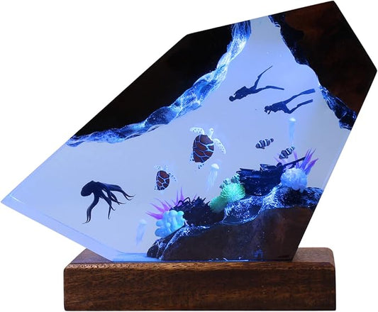 Handmade 3D Ocean Resin Lamp, Epoxy Ocean Night Light with Wooden Base, LED Color Changing Table Lamp, USB Powered Dragons Decor, Unique Ocean Gift for Bedroom & Home Office (Octopus) - Bloomnest