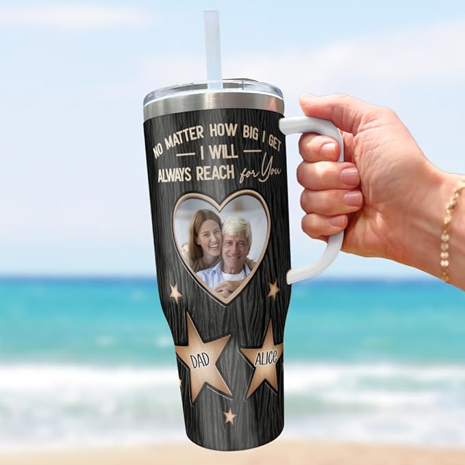 Personalized Dad Tumbler with Photo and Names, Custom Star Design Gift from Daughter, Father’s Day Mug with Handle and Straw, Always Reach for You Theme - Bloomnest