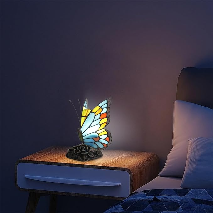 Sky Blue and Orange Bedside Lamp Cute Fun Butterfly Small Tiffany Lamp Vintage Style Stained Glass Table Lamp for Bedroom Dorm Decor Unique Nightstand Night Light Kids Gift Desk Lamps Rose Base - Bloomnest