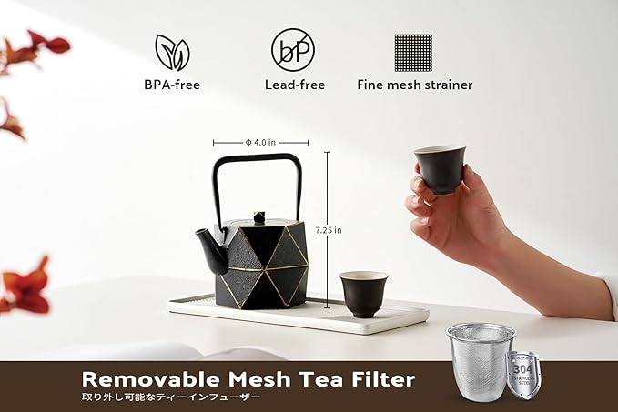 Toptier Cast Iron Teapot, Stovetop Safe Japanese Cast Iron Tea Kettle, Diamond Design Tea Pot with Removable Infuser for Loose Tea, 30 Ounce (900 ml), Black - Bloomnest