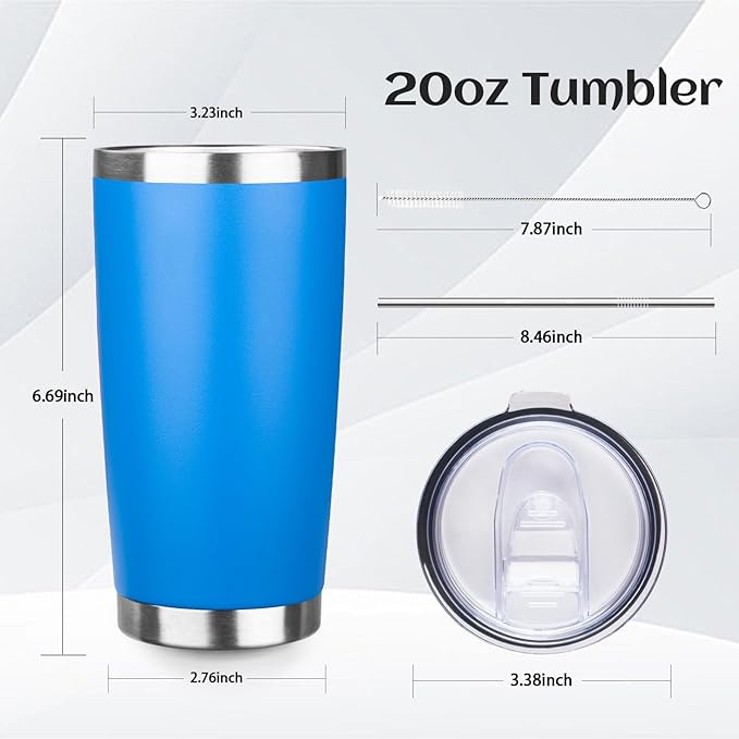 20oz Tumbler Bulk with Lid and Straw, Stainless Steel Double Wall Vacuum Insulated Travel Mug, Powder Coated Coffee Cups for Hot and Cold Drinks,Funny Gifts for Women Men(Scuba blue,1) - Bloomnest