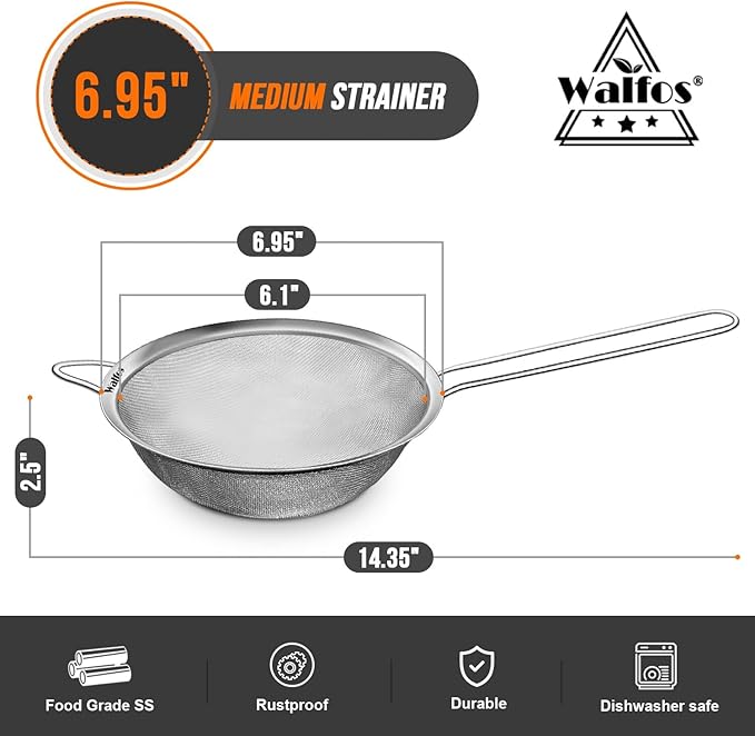 Walfos 6.95 Inch Fine Mesh Strainers, Premium Stainless Steel Colanders and Sifters, with Reinforced Frame and Sturdy Handle, Perfect for Sift, Strain, Drain and Rinse Vegetables, Pastas and Tea - Bloomnest