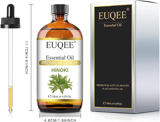 EUQEE Hinoki Essential Oil 118ml/4Fl Oz Pure Japanese Cypress Wood Oil Premium Natural Wood Scent Aromatherapy Oil with Glass Dropper for Meditation, Skincare, Diffuser, DIY Soap, Home Spa EUQEE