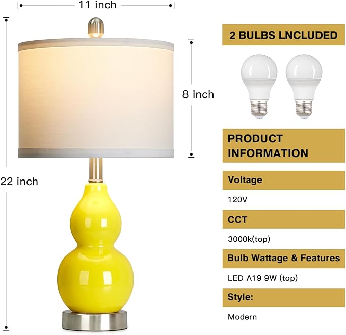 Double Gourd Ceramic Table Lamps Set of 2, Modern Yellow Bedside Lamps for Night Stand, Contemporary Nightstand Lamps for Bedroom Living Room (Bulb Included) - Bloomnest