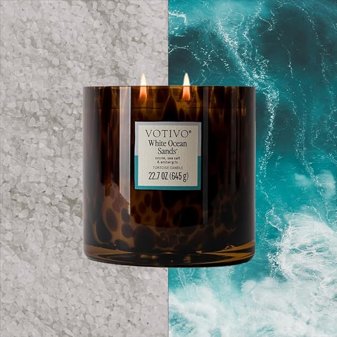 Votivo White Ocean Sands Tortoise Scented Candle | 22.7 oz Soy Wax Blend | Beach Scent | Decorative Home Decor Tortoiseshell Pattern | 100 Hour Burn Time - Bloomnest