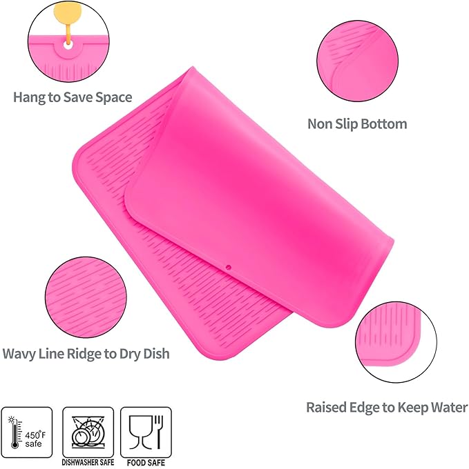 Silicone Dish Drying Mat for Multiple Usage,Easy clean,Eco-friendly,Heat-resistant Silicone Mat for Kitchen Counter or Sink,Refrigerator or Drawer Liner Rose 2XL 24 inches x 18 inches - Bloomnest