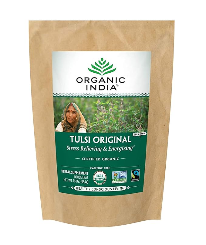 Organic India Tulsi Original Loose Leaf Herbal Tea - Immune Support, Vegan, Gluten-Free, Kosher, USDA Certified Organic, Non-GMO, Caffeine-Free, Healthy Stress-Relief & Uplift Mood - 1 lb Bag - Bloomnest